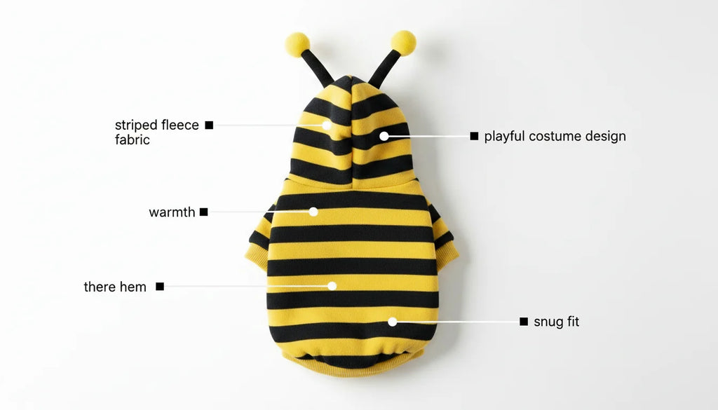 A yellow and black striped fleece bee costume with antennae on a white background