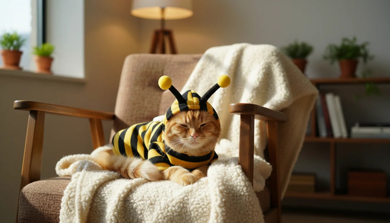 An adorable orange cat wearing a bee costume sits on a plush armchair with a blanket