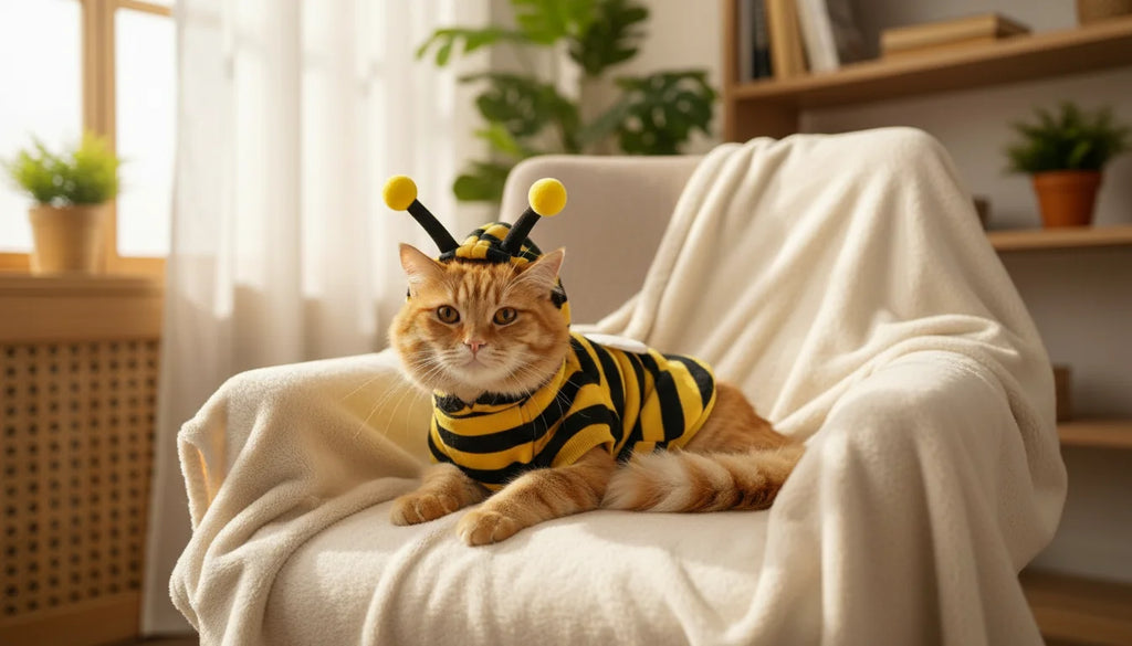 An adorable orange tabby cat wearing a bee costume sits on a cream-colored armchair