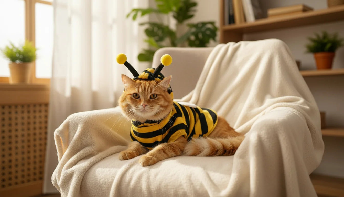 An adorable orange tabby cat wearing a bee costume sits on a cream-colored armchair