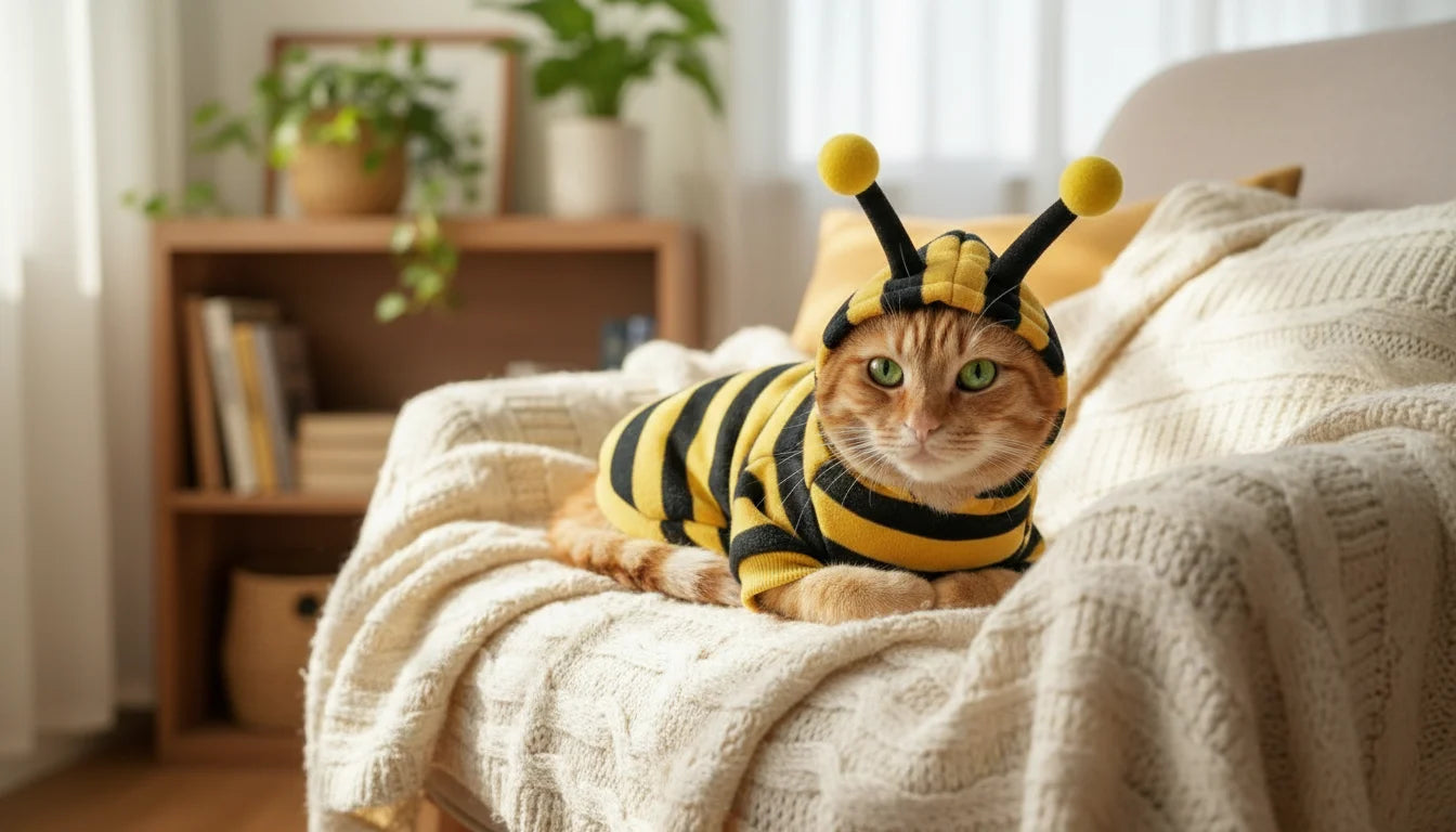 An orange cat lies on a cream couch wearing a yellow and black bee costume with antennae on