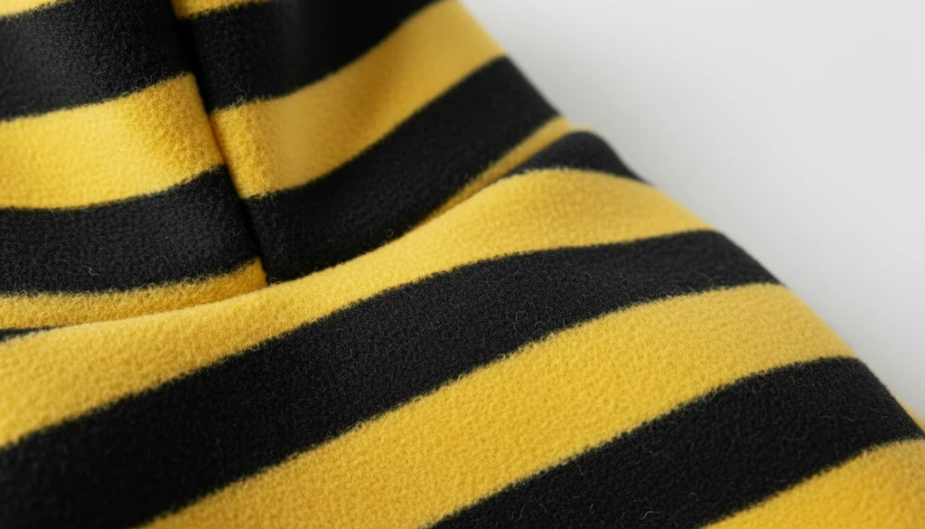 Close-up of a folded yellow and black horizontally striped fleece fabric on white background