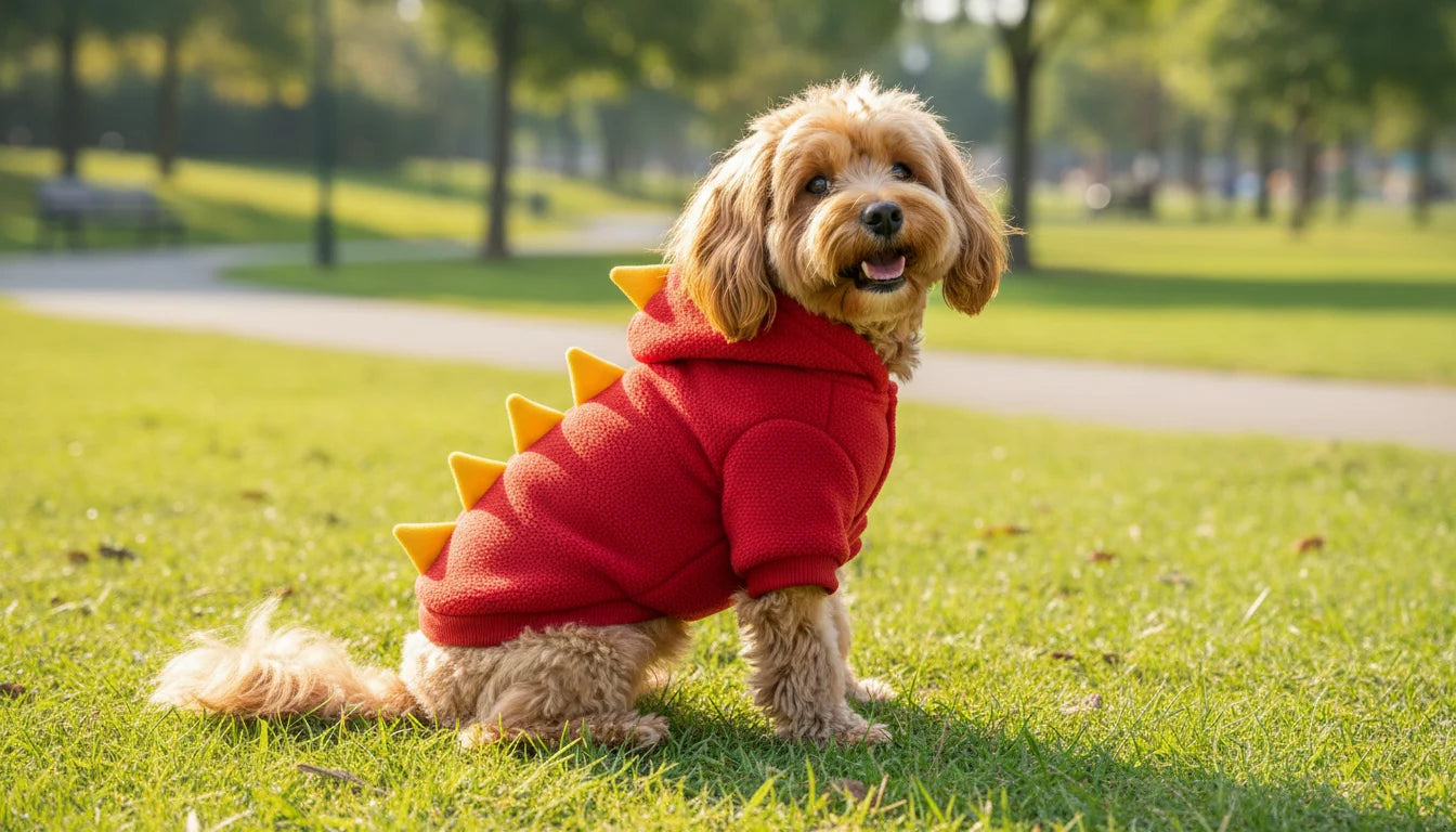 A small dog in a red dinosaur costume sits on green grass in a park with trees