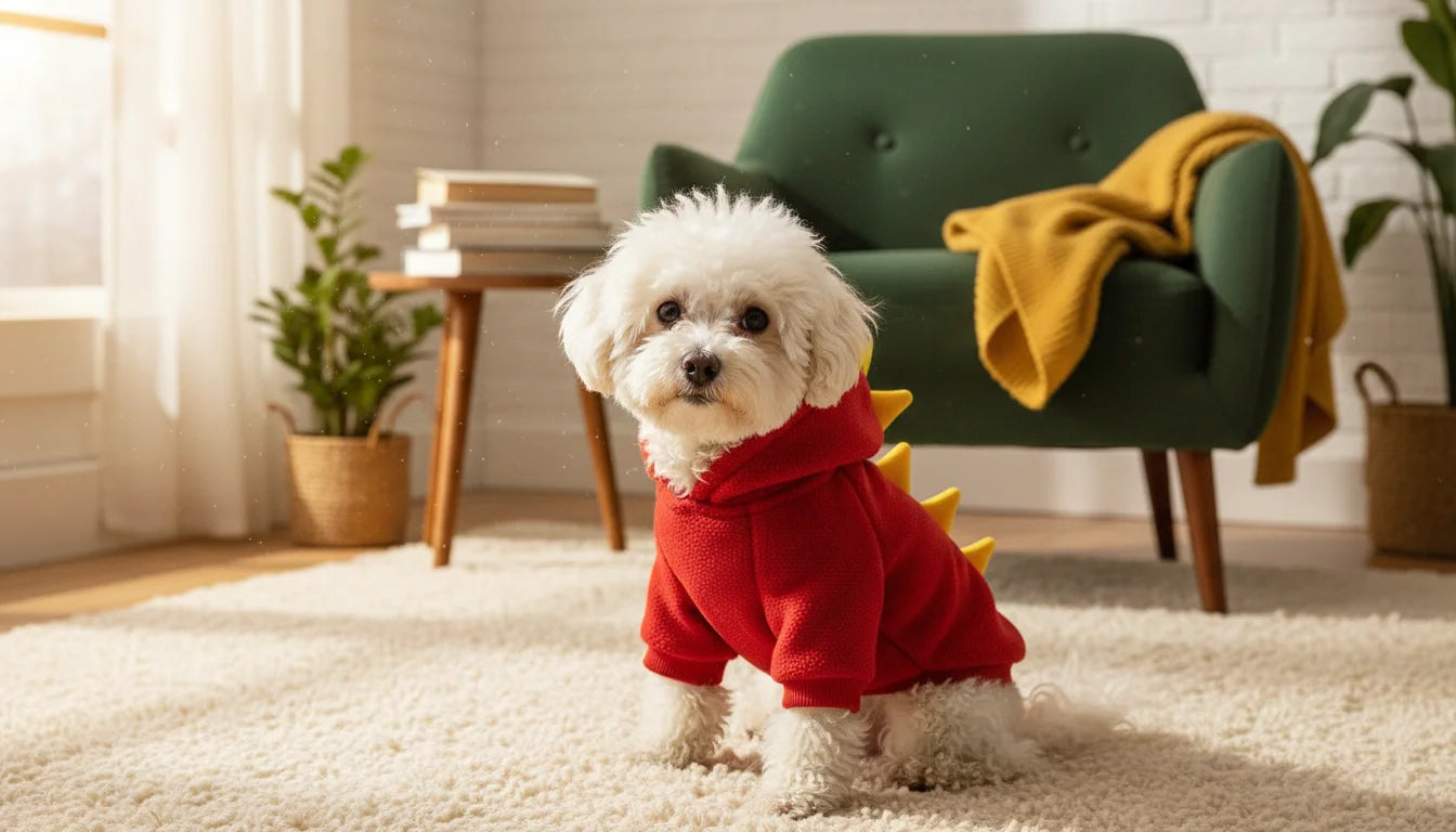 A small white dog wearing a red dinosaur hoodie sits on a cream rug in a bright living room