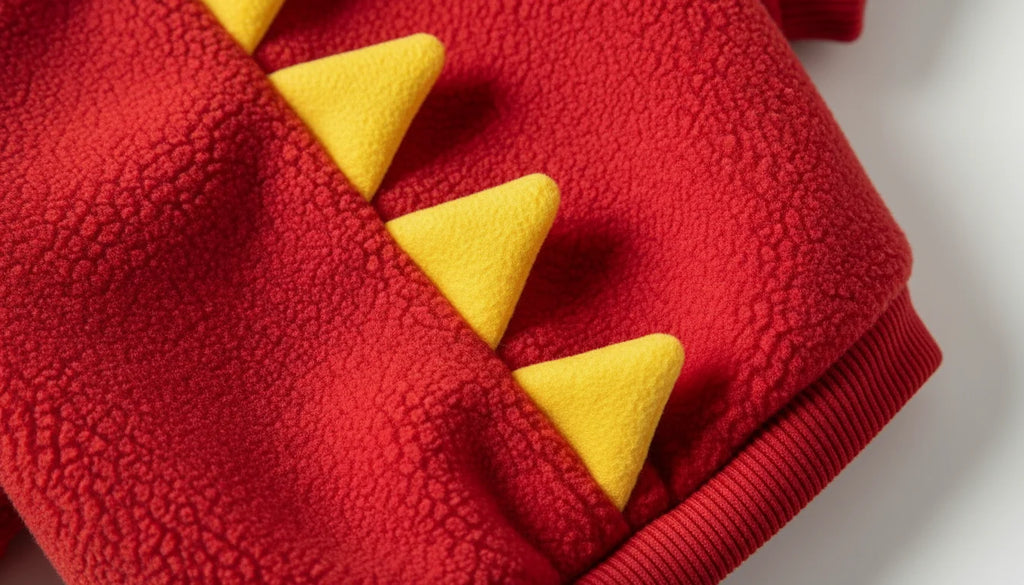 Close-up of red fleece fabric with yellow triangular spikes on a white background