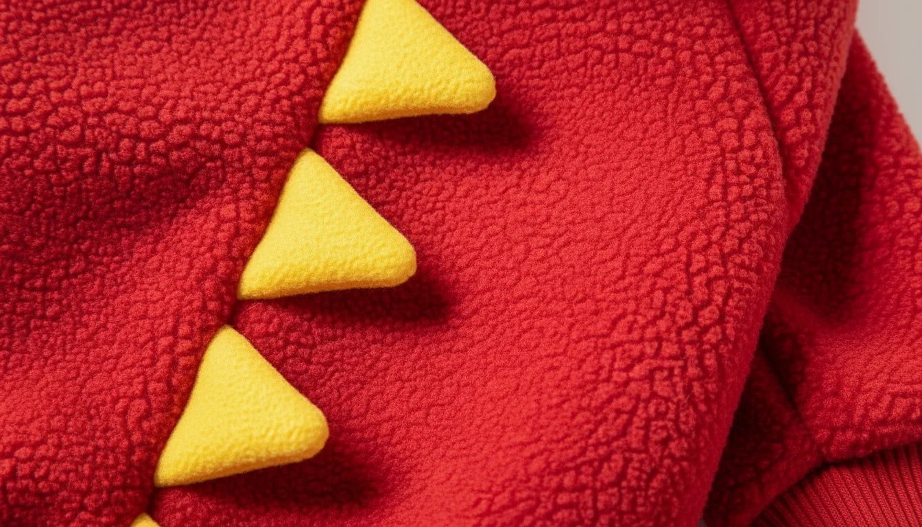 Close-up of red fleece fabric with yellow triangular spikes