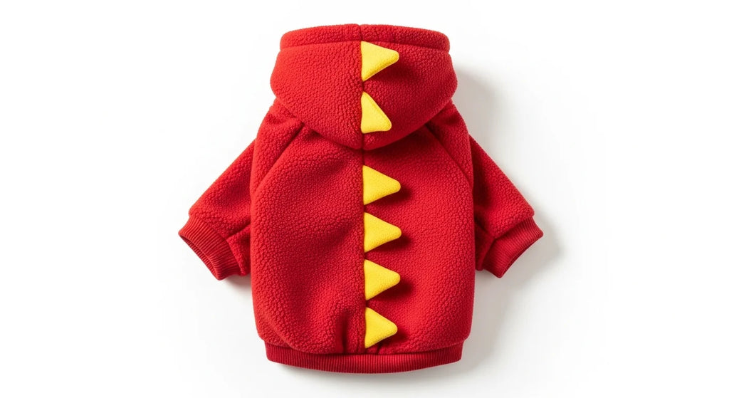 Red dinosaur themed hooded pet jacket with yellow spikes on back for small dogs.