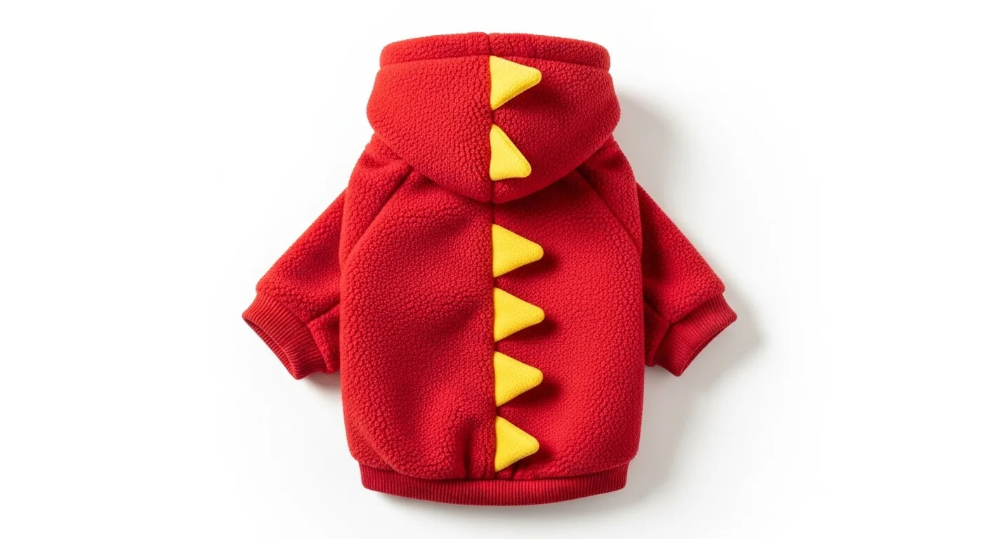 Red dinosaur themed hooded pet jacket with yellow spikes on back for small dogs.