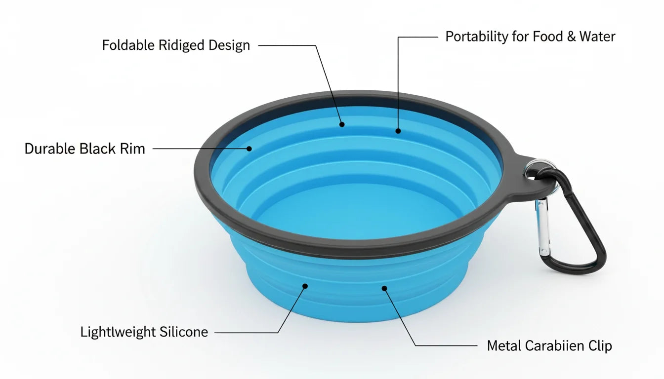 A blue collapsible silicone pet bowl with black rim and carabiner clip for outdoor use