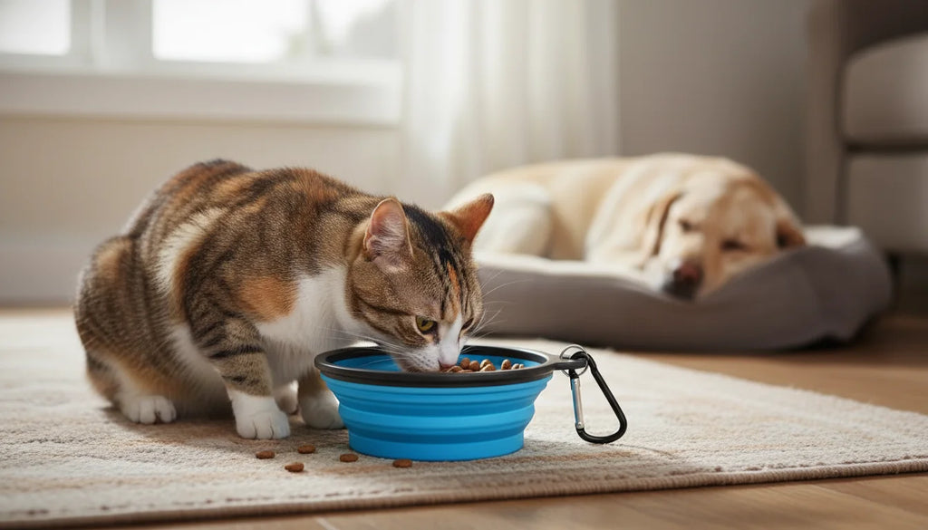 A calico cat eats from a blue bowl on a beige rug with a sleeping dog nearby