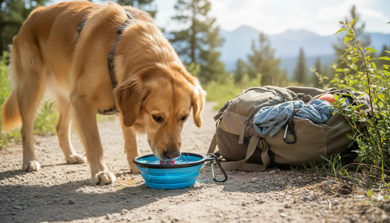 Golden retriever dog drinking from a blue collapsible bowl next to a hiking backpack outdoors