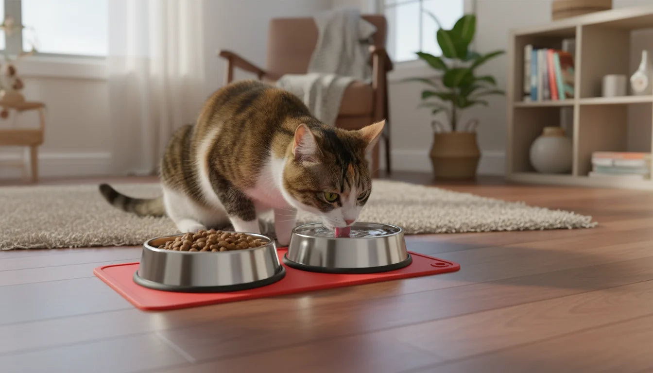 Brown tabby cat eats from two stainless steel bowls on red mat in living room
