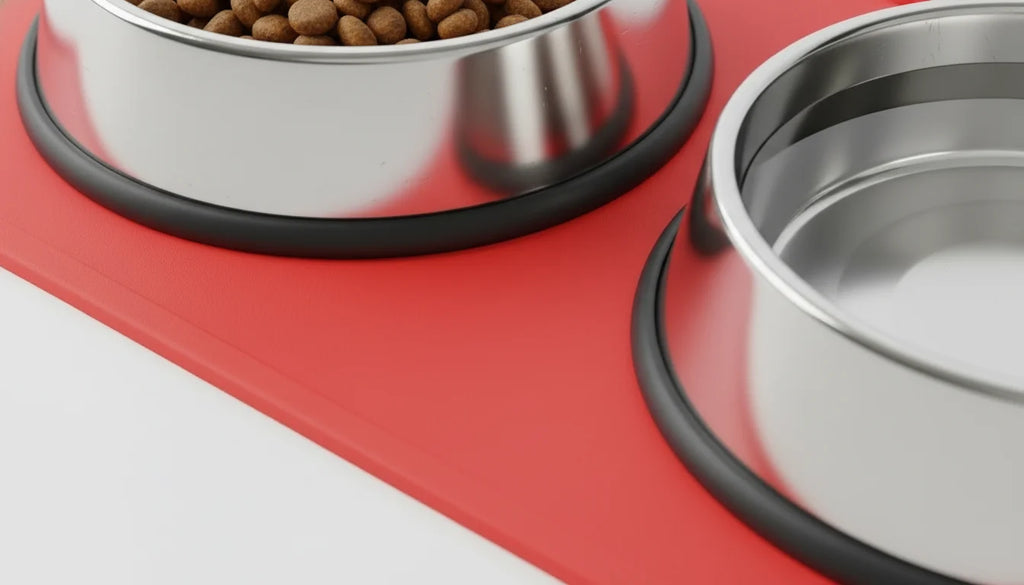 Two stainless steel dog bowls on a red mat, one filled with brown kibble
