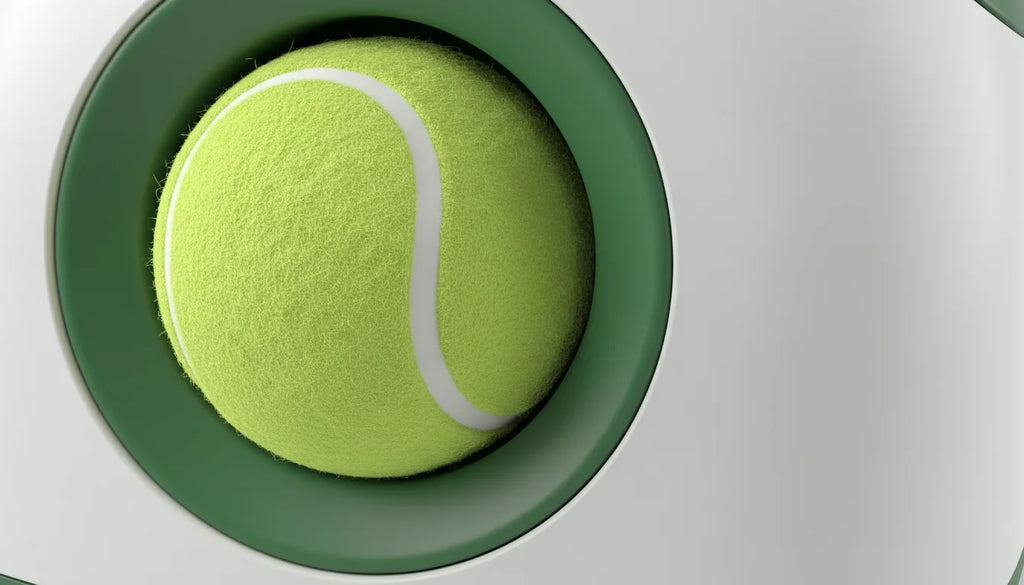 A bright green tennis ball with white stripes sits centered in a circular green border on a light