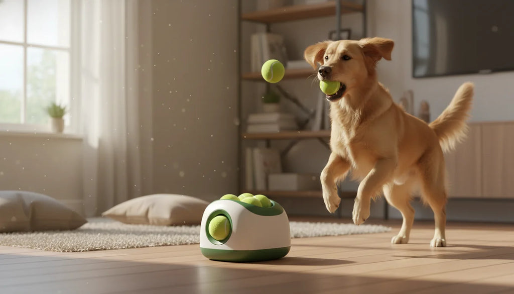 Golden retriever dog jumps to catch tennis ball in modern living room with interactive toy