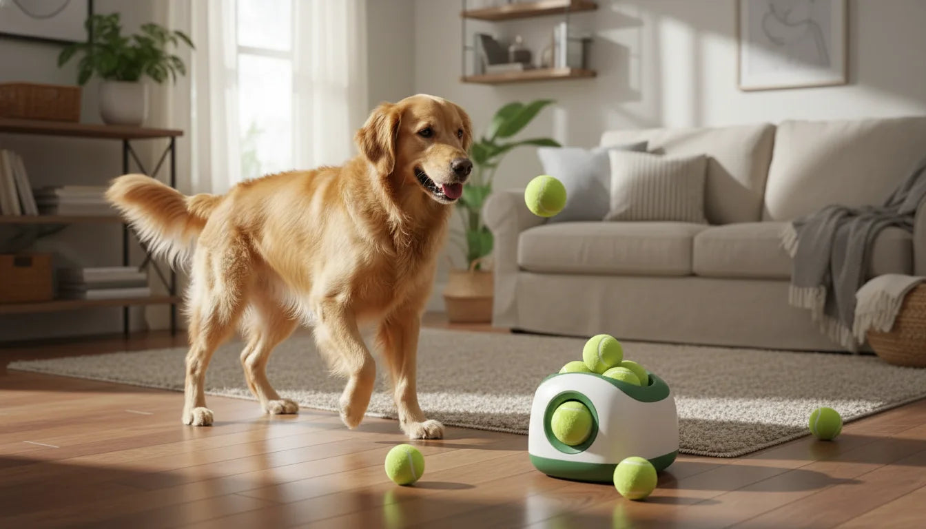 Golden retriever dog standing in a modern living room with a robotic tennis ball launcher
