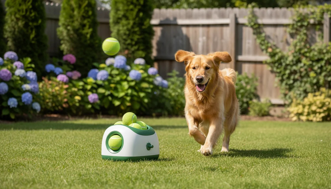 Golden retriever runs towards camera with tennis balls in a green lawn with a toy