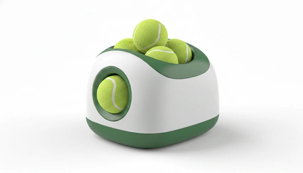 Green and white tennis ball dispenser with multiple neon green fuzzy tennis balls