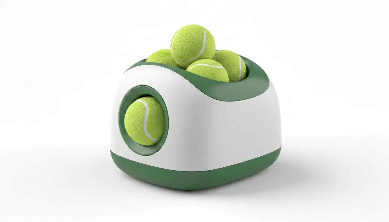 Green and white tennis ball dispenser with multiple neon green fuzzy tennis balls