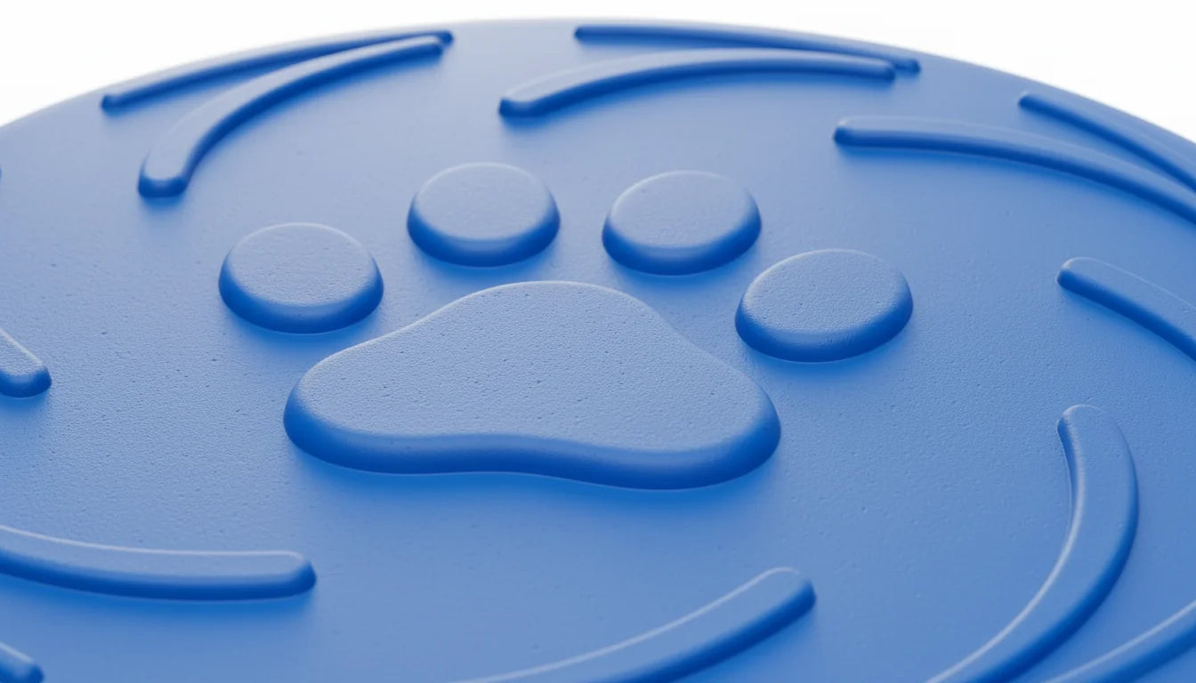 Close-up of a blue rubber mat with a paw print design and textured surface lines
