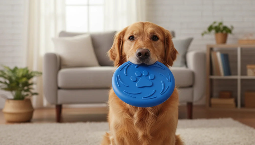 Golden retriever dog holding blue rubber frisbee toy in mouth on carpet in living room