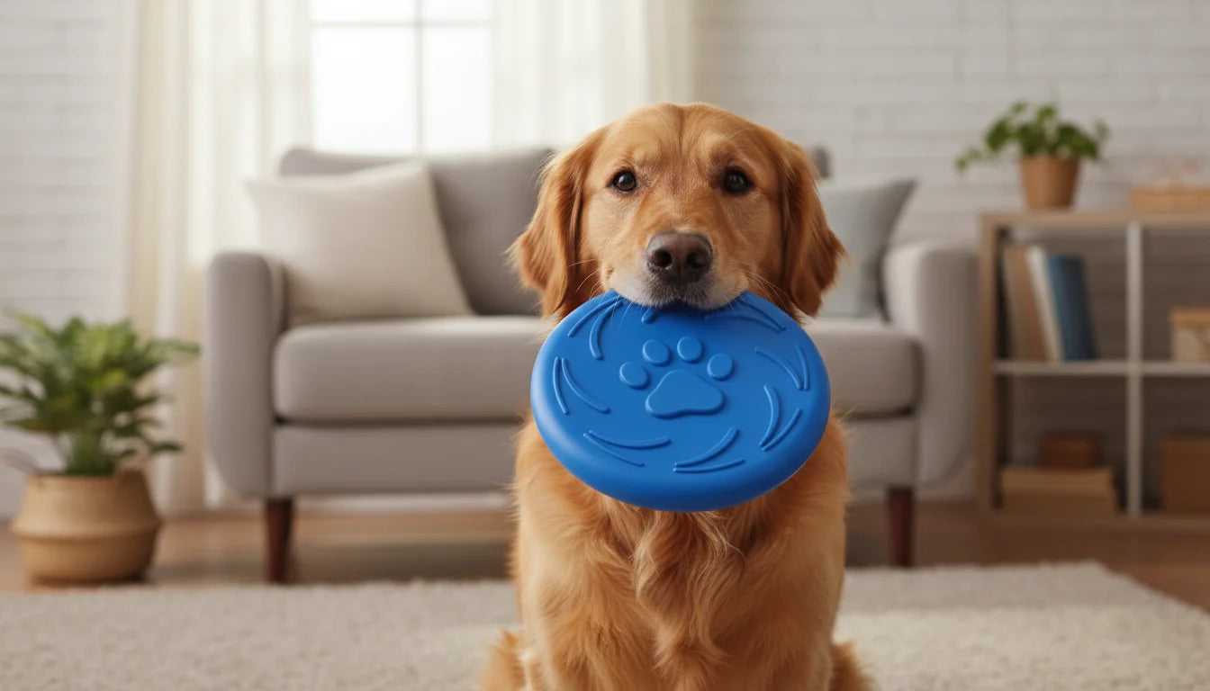 Golden retriever dog holding blue rubber frisbee toy in mouth on carpet in living room