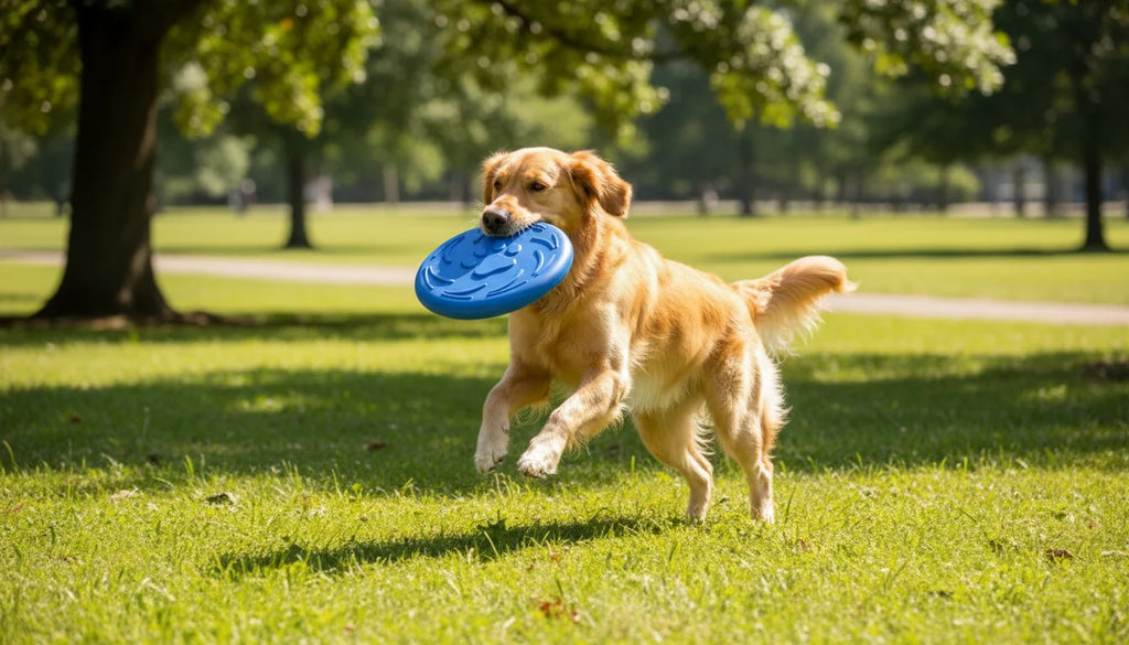 Golden retriever dog runs with blue frisbee in mouth on green grass in park with trees
