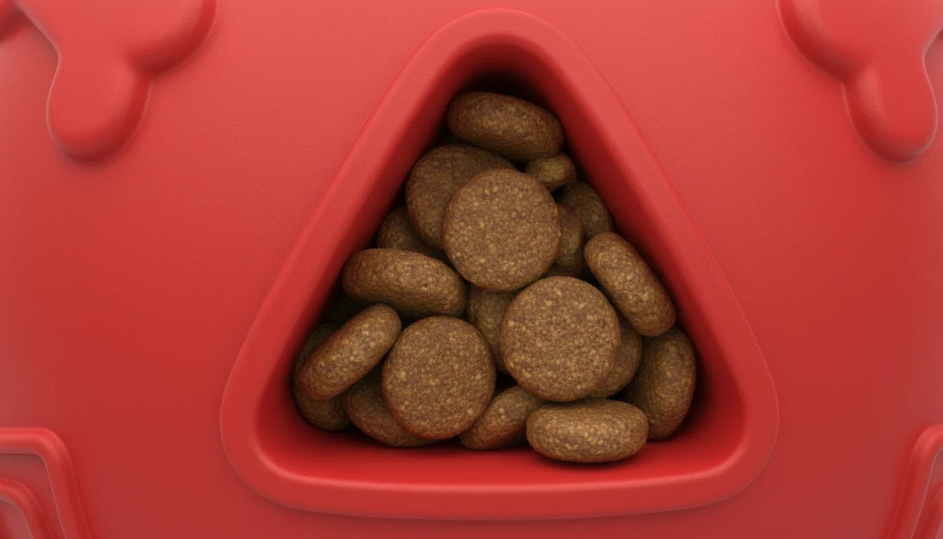 Red dog bowl filled with brown kibble in a triangular compartment with bone shaped decorations