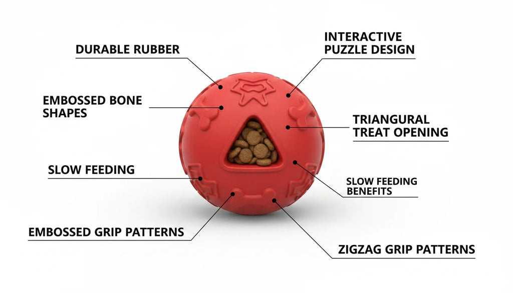 Red rubber dog toy with interactive puzzle design and slow feeding benefits for canines