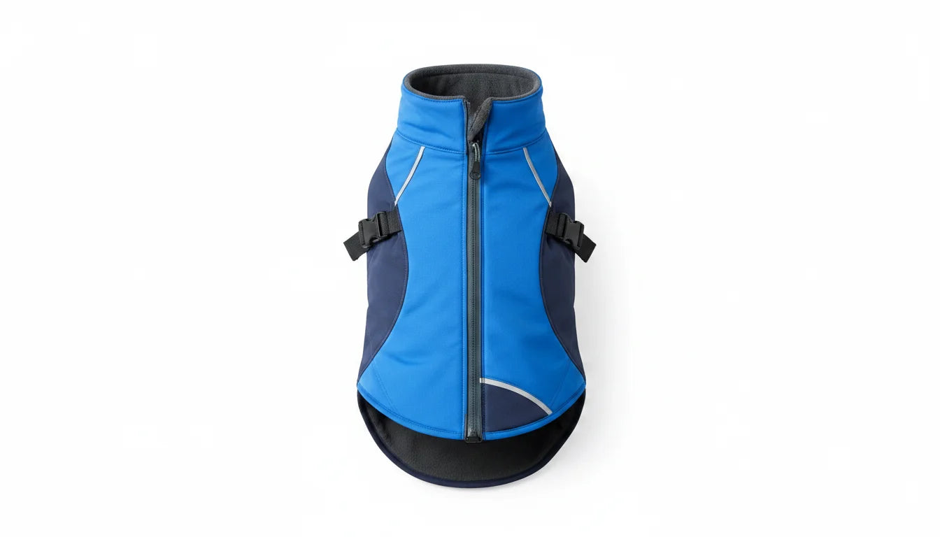 Blue dog jacket with black buckles and zipper closure on white background