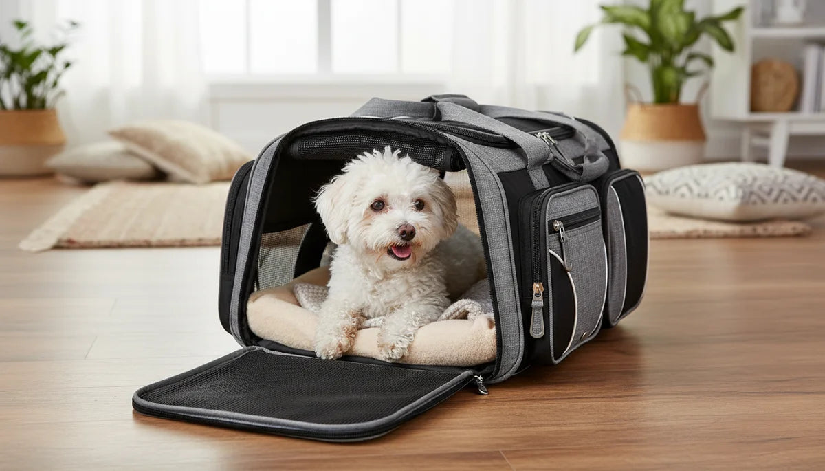 A small white dog lies comfortably inside a black pet carrier on a wooden floor