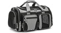 Black and grey pet carrier bag with mesh panels and multiple pockets for travel.