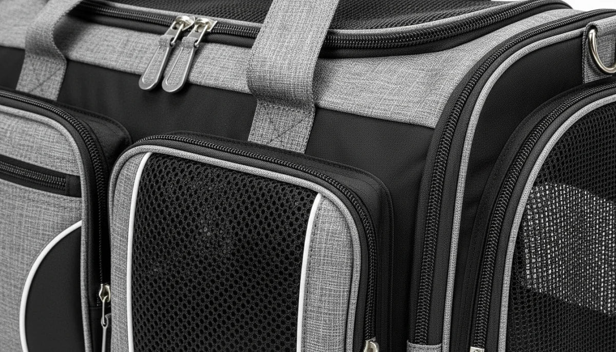 Close-up of a black and gray pet carrier with multiple zippers and mesh panels visible