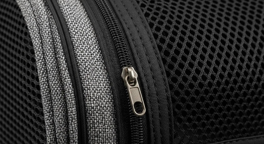 Close-up of a black luggage bag’s zipper and mesh fabric with gray accents visible.