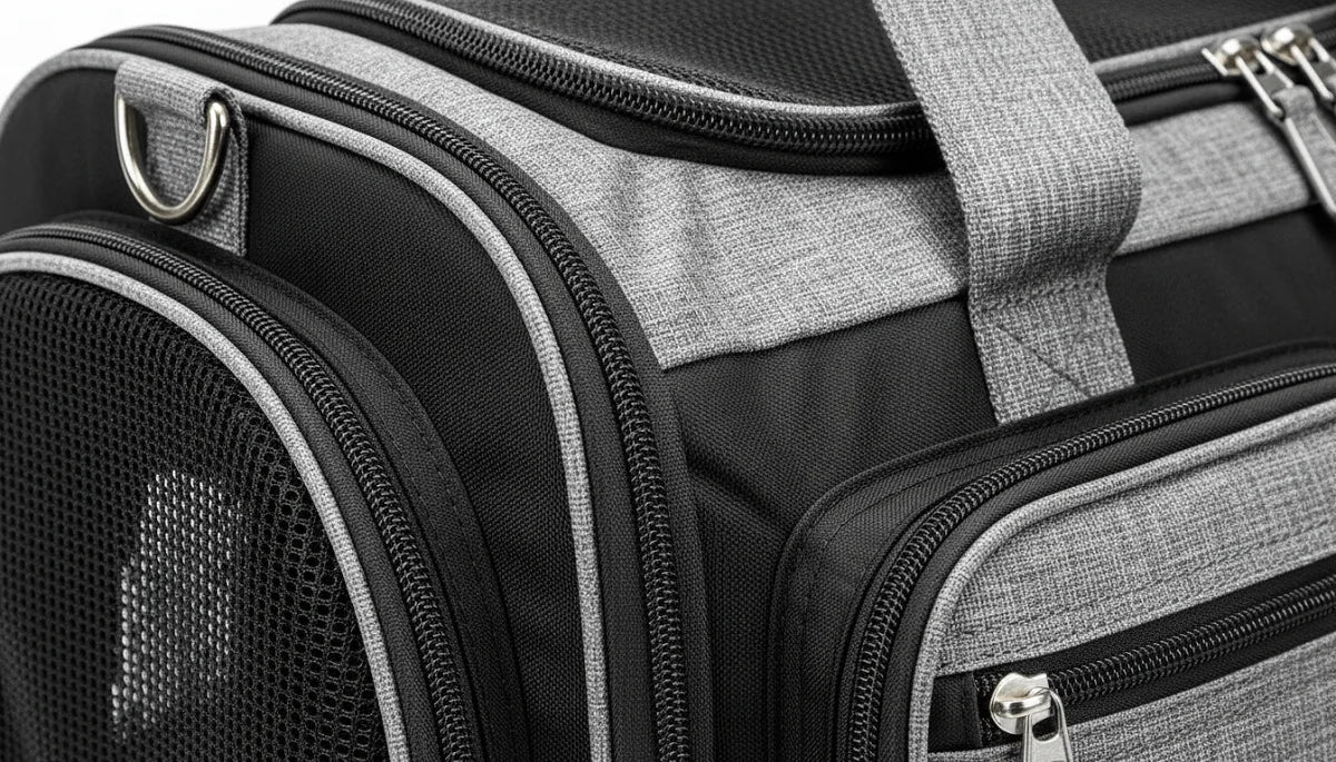 Close-up of a gray and black pet carrier bag with multiple zippers and mesh panel