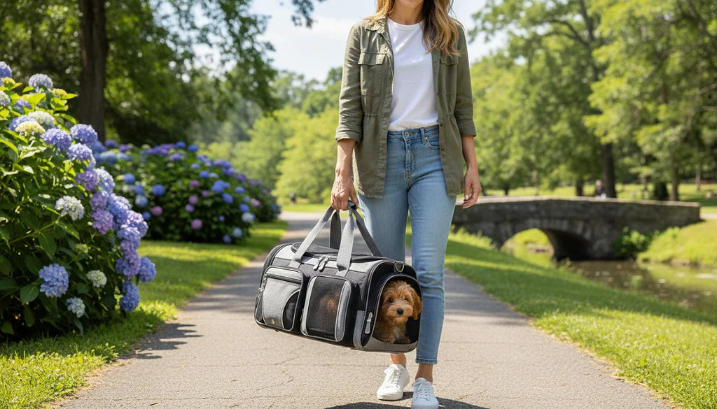 Woman walking on a park path with a dog in a black pet carrier bag