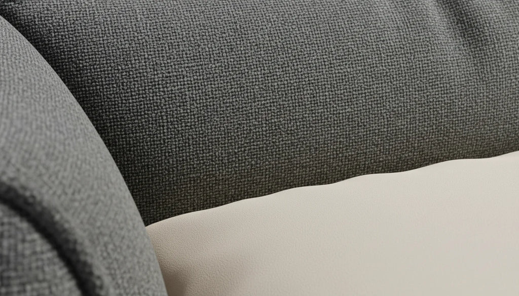Close-up of a gray fabric surface with a textured weave pattern and a smooth off-white background