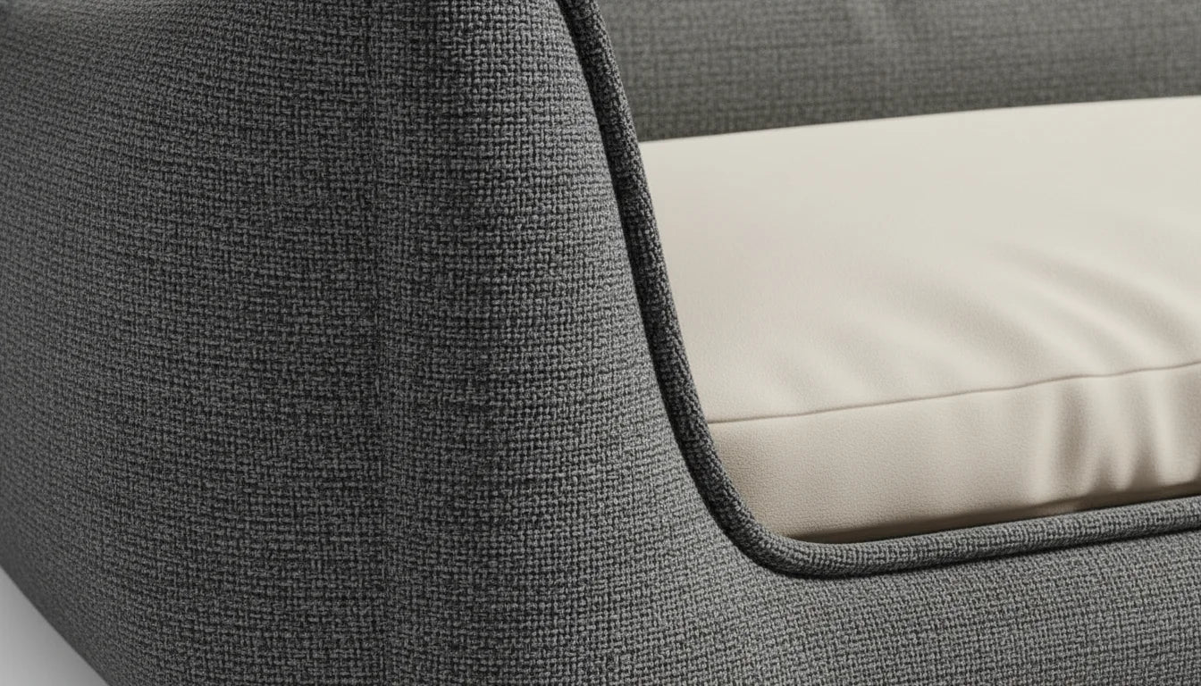 Close-up of a gray upholstered chair with a white seat cushion, showcasing textured fabric
