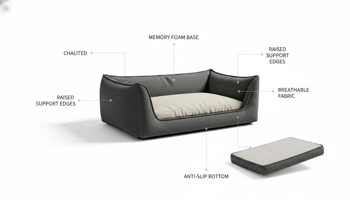 Detailed diagram of a chalet style couch with memory foam base and features