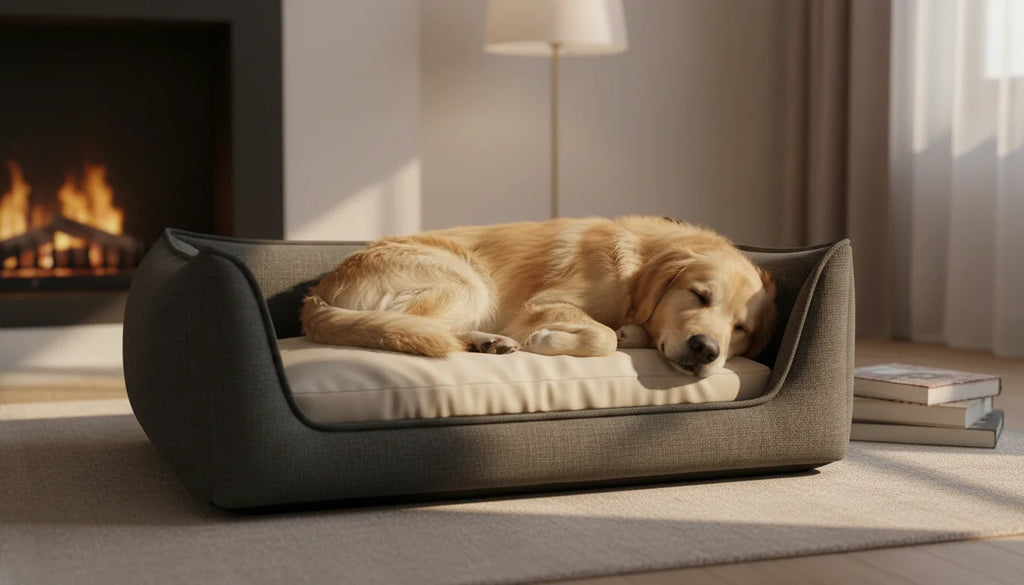 Golden Retriever dog lying on gray pet bed in front of fireplace in living room