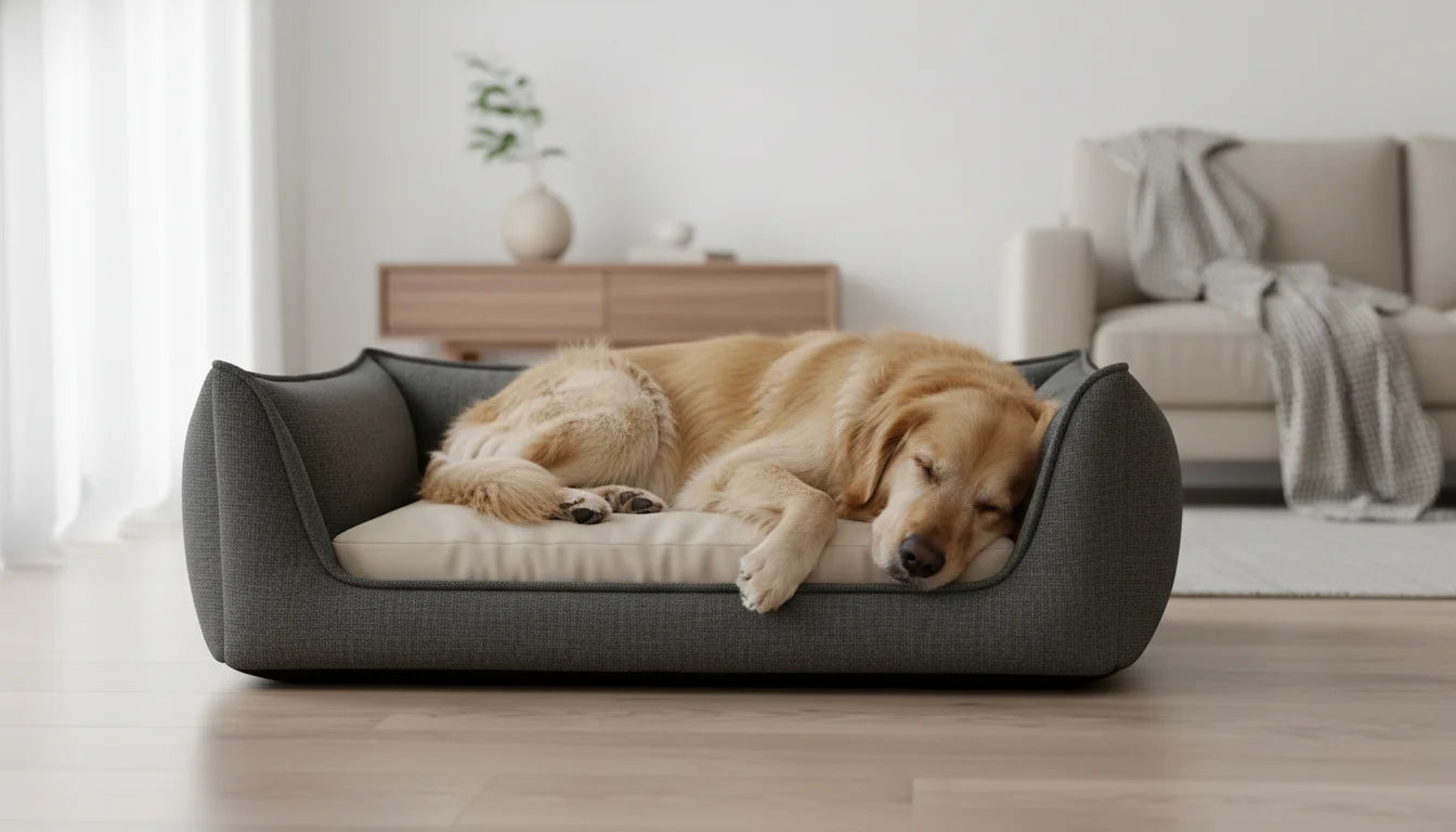 Golden retriever dog peacefully sleeping on a gray dog bed in a modern living room