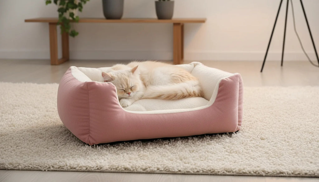 A serene orange and white cat sleeps in a pink plush pet bed on a beige rug