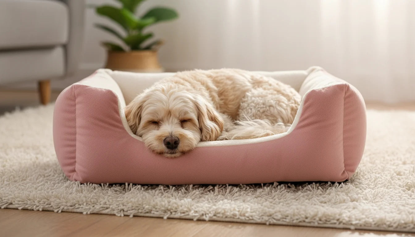 A small, light brown dog rests comfortably in a pink and white dog bed on a plush white rug in