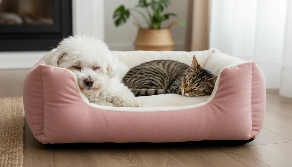 A white dog and a brown tabby cat snuggle together in a pink and white pet bed on a wooden floor