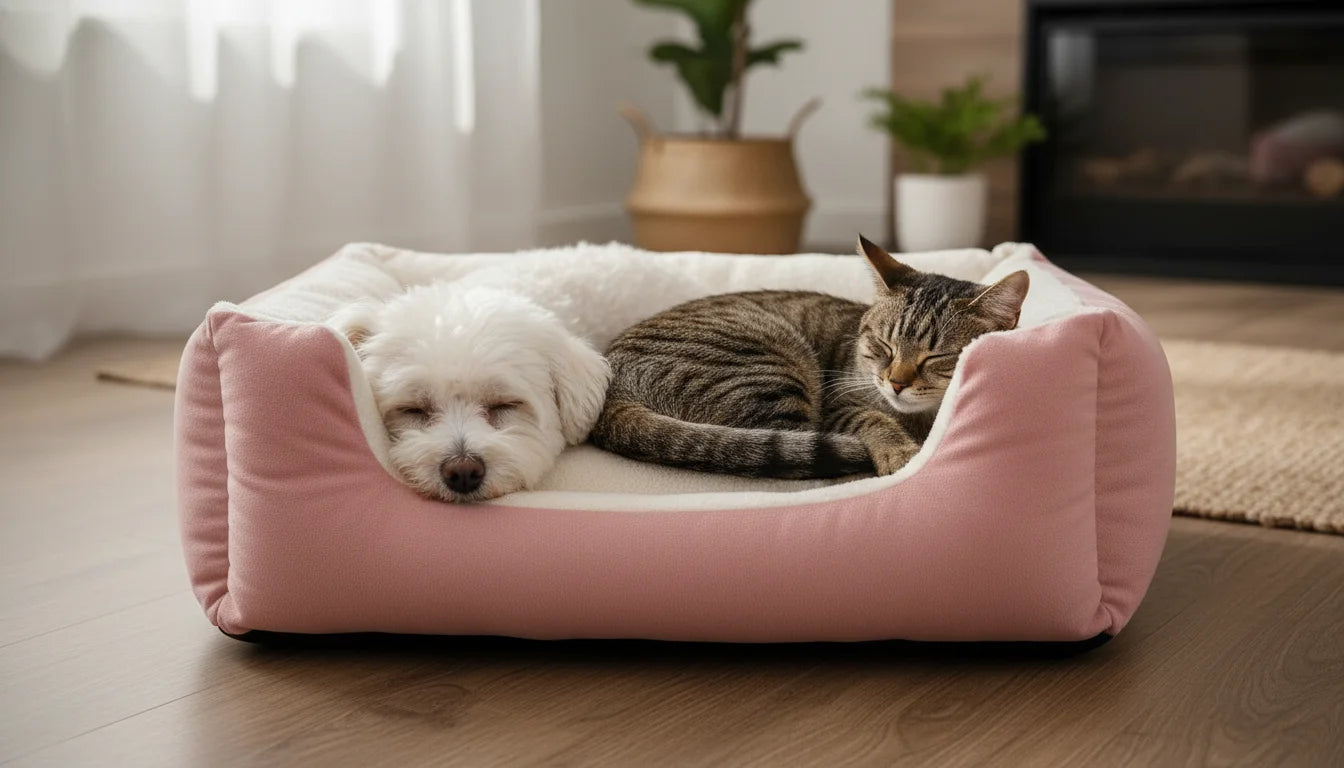 A white dog and brown tabby cat sleep together on a pink dog bed indoors