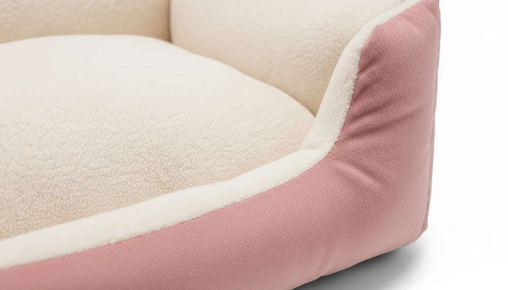 Close-up of a pink and white dog bed with a plush cushion and soft pink fabric exterior