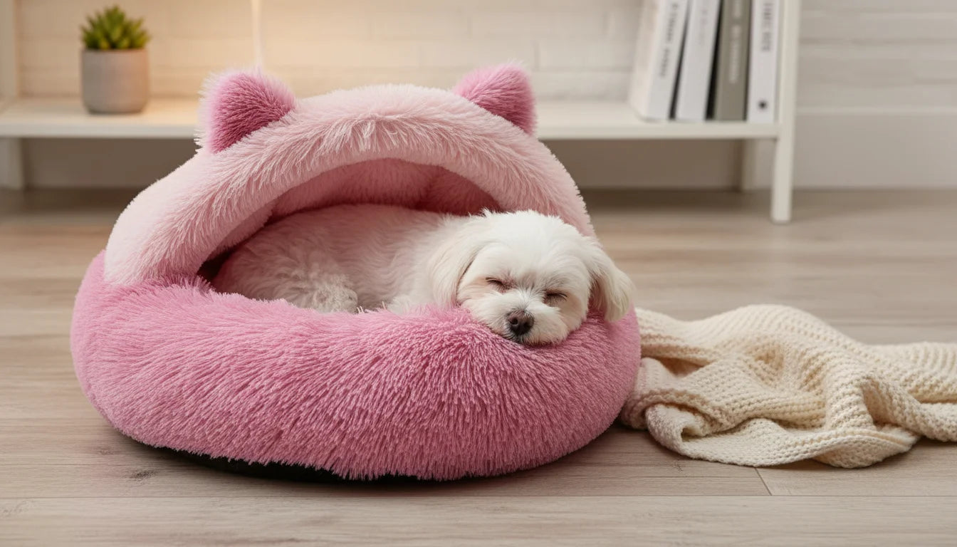 A small white dog sleeps peacefully in a pink fuzzy pet bed with ears on a wooden floor next to