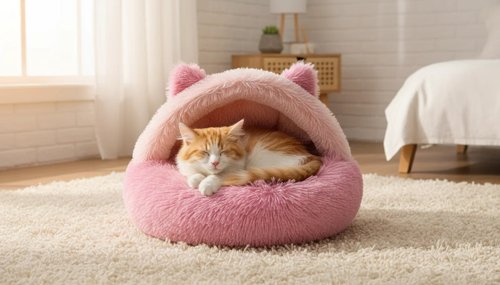 An adorable orange and white cat rests peacefully in a pink fuzzy pet bed