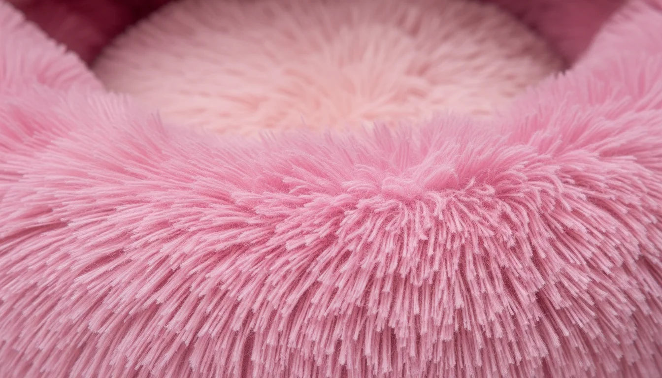 Close-up of a plush pink fuzzy fabric with long soft fibers and a fluffy texture
