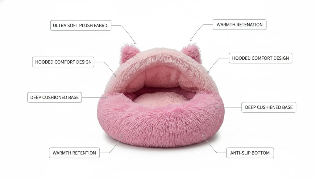 Pink plush pet bed with hooded comfort design and deep cushioned base for warmth